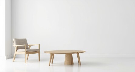 Fototapeta premium Wood furniture and natural wood table in Scandinavian living room with bright empty wall backdrop