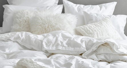 Obraz premium White bedding scene with assorted fluffy pillows and a protective duvet