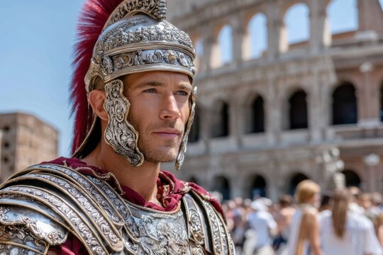 Roman soldier in historical attire outside the Colosseum during a lively summer day