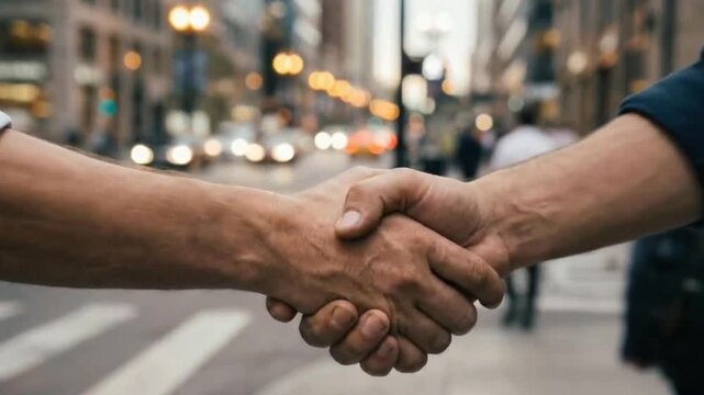 City Street Deal: Two figures seal a business agreement with a firm handshake on a bustling city street, against the backdrop of vibrant urban life.