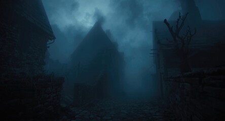 Ominous medieval village enveloped by dark fog in horror Halloween setting