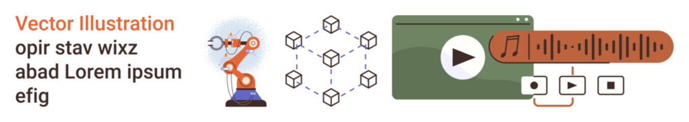 Automation, blockchain technology, media streaming, data sharing, innovation, technology concepts. Robotic arm, blockchain network diagram video and audio media interface. Automation and blockchain