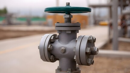 Fototapeta premium Detailed view of a grey industrial valve with a green wheel set against a blurred background