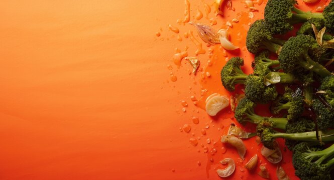 Overhead close up of broccolini grilled with garlic on a vivid orange backdrop