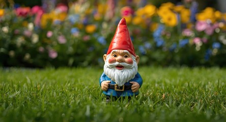 Obraz premium Playful garden gnome figure set in a radiant floral garden scene
