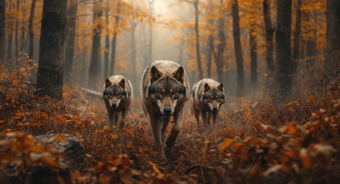 Wild wolves tracking prey in an autumnal forest scene