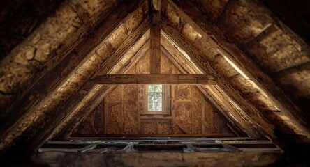 Old attic wall displaying brown cracked wood truss framed by oriented strand board sheets