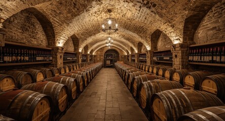 Rustic underground room filled with wine barrels and bottles in an old castle