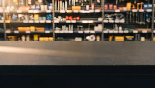 Abstract Hardware Store Countertop Display: A Versatile Backdrop for Product Mockups and Retail Concepts. Ideal for Advertising and Store Promotions, Copy Space Included