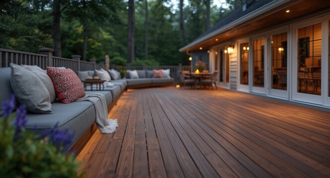 Wraparound deck and patio area enhanced with cushioned seating for a restful spot