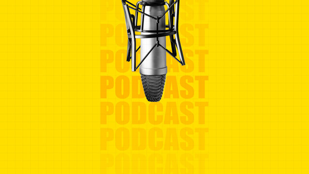 Microphone setup for a podcast recording on bright yellow background with repeated text