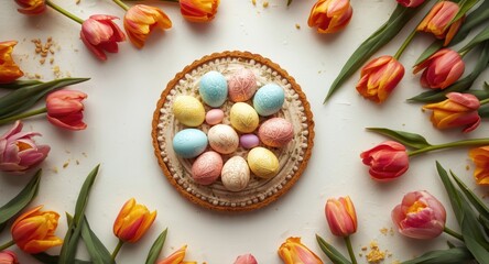 White background displaying Easter tart decorated with painted eggs and fresh spring tulip flowers for celebration