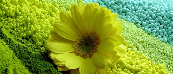 Yellow Gerbera Daisy on Colorful Granules Close-Up &mdash; Bright Floral Macro Composition for Spring