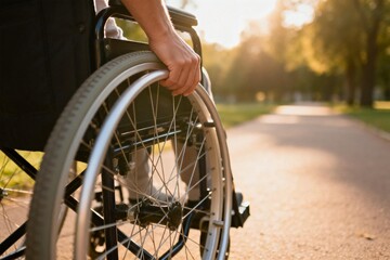 Naklejka premium Person in wheelchair on park path