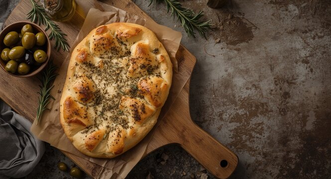 Flat lay of zaatar manakeesh placed on wooden board with olives and olive oil and visible copy space