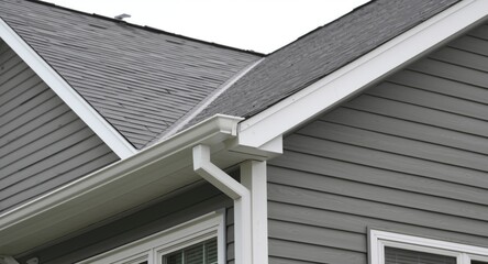 Fototapeta premium Refined family residence with pitched attic roof and white frame gutter guards over gray vinyl siding