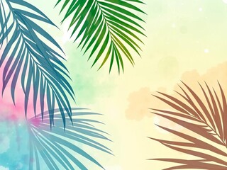 Obraz premium Abstract watercolor wash with palm leaf silhouettes creating a breezy, artistic tropical banner, evoking a relaxed vacation vibe, silhouette, abstract