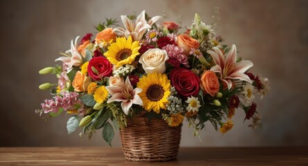 Fototapeta premium Diverse selection of fresh cut flowers in a decorative bucket