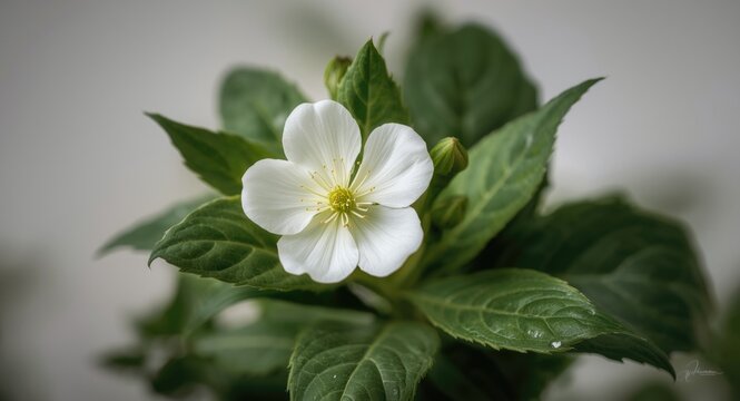 Close-up of white musk mallow flower surrounded by natural green leaves