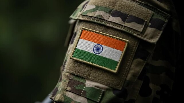 Indian Army Special Forces Soldier in Camouflage Uniform with National Flag Patch on Sleeve