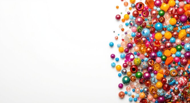 Bright and colorful exotic bead design set on white smooth background with copy space