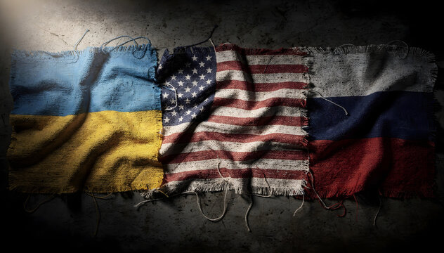 Flags of Ukraine, USA and Russia: a Symbolic Representation of International Relations, Tensions, and Political Alliances within the Global Landscape, Crisis, and Diplomacy