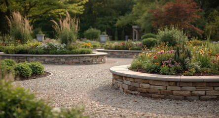 Obraz premium Inviting outdoor garden space featuring gravel pathways and raised flower beds to inspire relaxation and design creativity