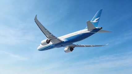 Fototapeta premium Blue and white airplane flying in sky