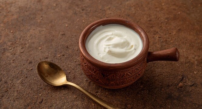 Traditional Indian dahi doi yogurt served in a rustic earthen pot with a shiny brass spoon on a textured brown backdrop