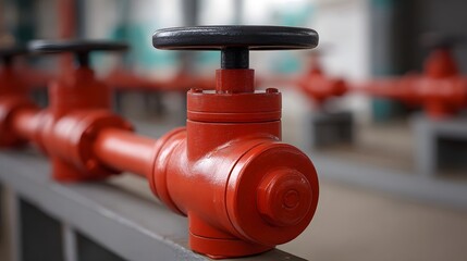 Close up of a bright red industrial valve on a pipe system with shallow depth of field