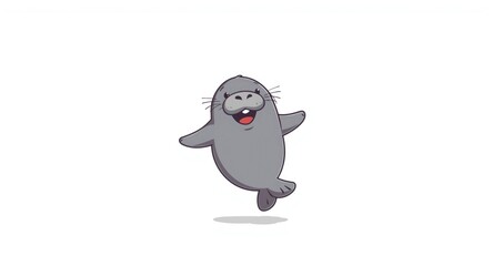 Fototapeta premium Happy cartoon manatee shown in a lively pose on a crisp white background
