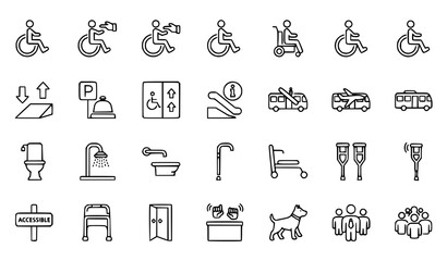 Wheelchair accessibility outline icon set with mobility and disability support symbols editable stroke vector © BijoyChandra