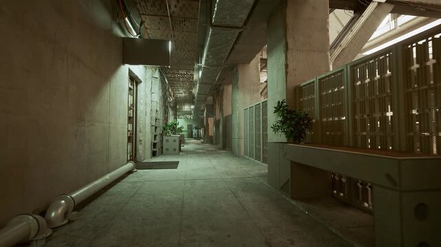 dim concrete alley with metal gates, moody green lighting, overhead conduits and rusted pipes, potted plant beside locked storage cages, textured floor