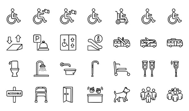Wheelchair accessibility outline icon set with mobility and disability support symbols editable stroke vector
