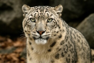 Fototapeta premium Portrait of snow leopard face with intense gaze against rocky background. Close up head shot of wild big cat showing eye detail and fur texture. Endangered predator animal in mountain habitat.