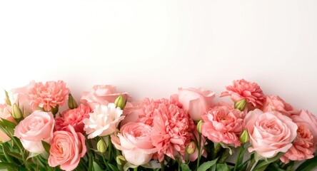 Naklejka premium Springtime colorful bouquet of pink flowers arranged horizontally for greeting card text space