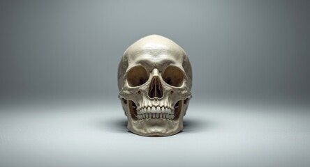 Fototapeta premium Open mouthed human skull captured from front on flat white surface