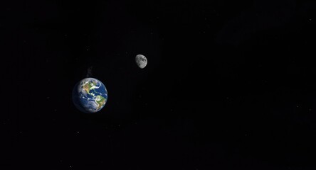 Celestial bodies moon and Earth captured in black night space