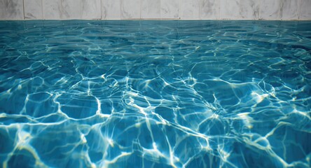Fototapeta premium Dynamic water ripple caustics on clear pool water with marble tile backdrop