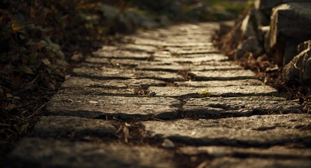 Old stone path highlighted by shallow focus and rough surface textures