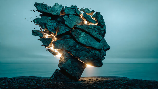 Statue en pierre avec lumi&egrave;re