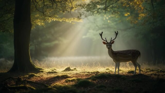 A deer with antlers stands in a sunlit forest, rays piercing the mist