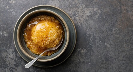 Traditional semolina cake highlighted with a honey glaze elegantly served in a ceramic bowl with a silver spoon over a textured surface backdrop