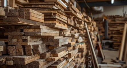 Fototapeta premium Pile of natural wood planks in a carpentry workshop highlighting raw material supply for construction projects