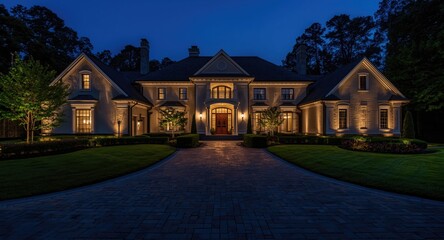 Fototapeta premium Night lighting emphasizes elegant home exterior with green grass and driveway area