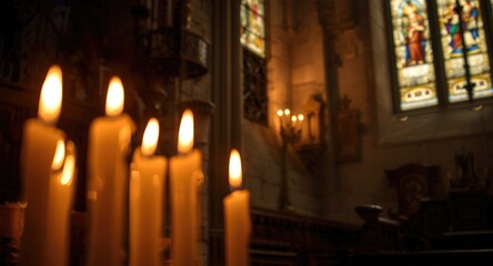 Fototapeta premium Serene candle flames creating a warm ambiance against a gothic church interior background