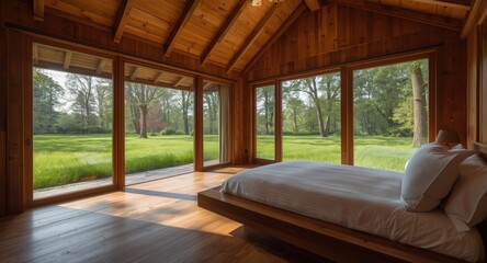 Fototapeta premium Warm bedroom setting with wooden walls hardwood floor and garden views with grass and trees