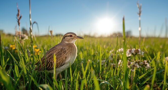 Relaxed male corn crake perched on a vibrant green meadow under early summer sun