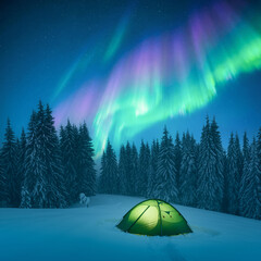 Winter forest with glowing green tent among snow-covered trees beneath starry sky filled with aurora borealis waves, northern lights. Night camping scene in snowy woodland with illuminated tent © Ivan Kmit