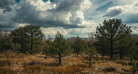 Obraz premium Dramatic cloudy sky over pine trees growing in a parched meadow in early spring
